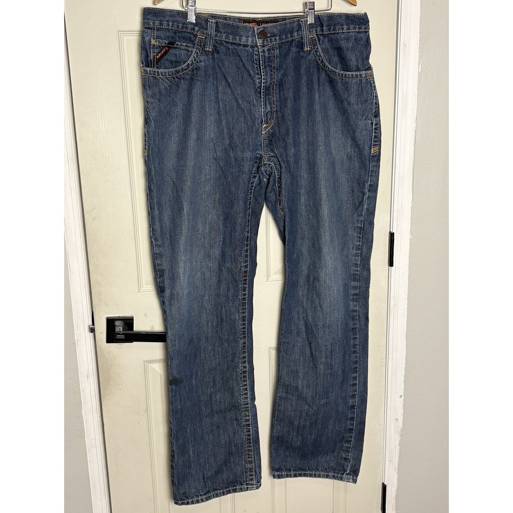 Ariat Work FR Mens Low Rise Bootcut Jeans Medium Wash Blue Denim Cotton